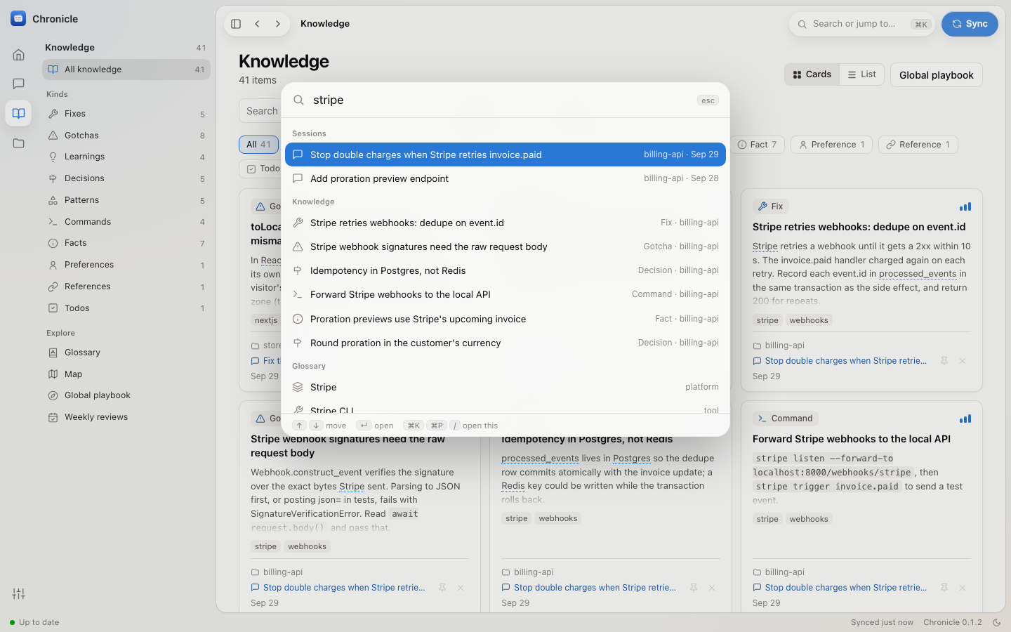 The ⌘K palette searching sessions, knowledge and glossary terms